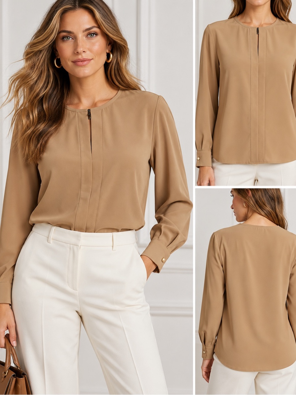 Ralph Lauren $698 NWT Tan Stretch Crepe Long Sleeve Blouse Size 14